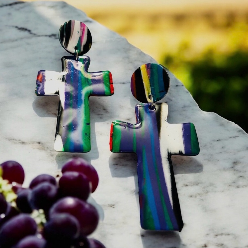 Colorful Artist Made Cross Earrings
